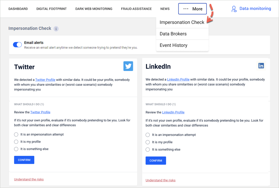 Impersonation check - How to use Bitdefender Digital Identity Protection