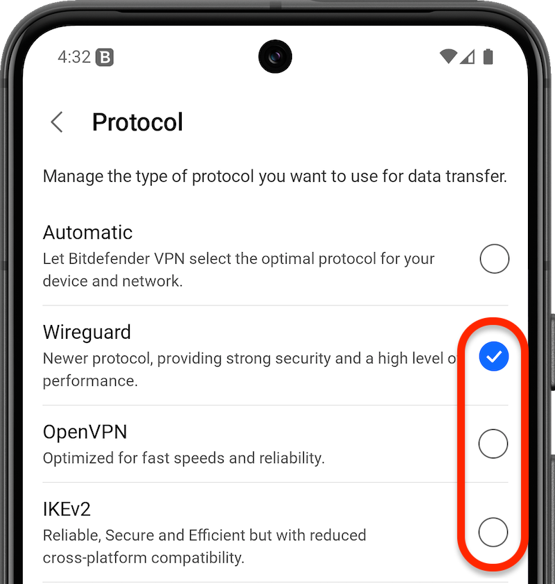 Changing protocols in Bitdefender VPN for Android