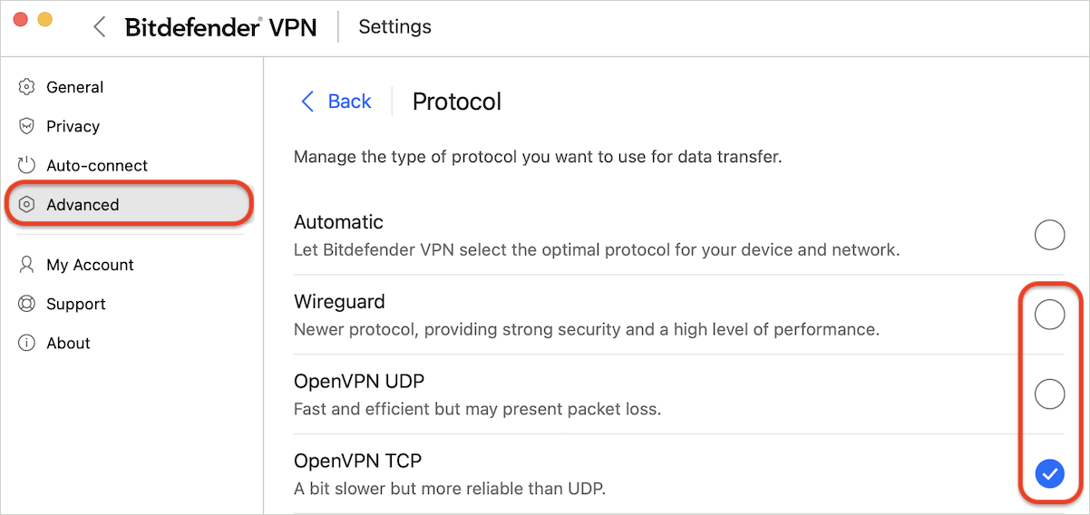 Changing protocols in Bitdefender VPN