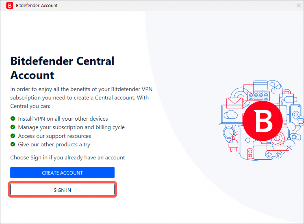 Instalarea Bitdefender VPN pe Windows - autentificare cu Bitdefender Central