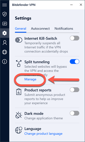Click Manage if you can't access a site when Bitdefender VPN is active on Windows.