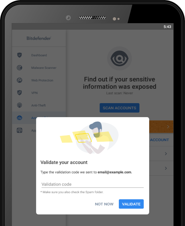 Using the validation code to validate an email in Bitdefender Account Privacy