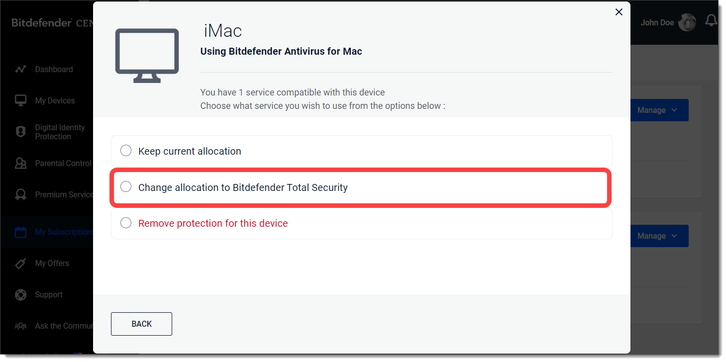 Reallocate a device to another Bitdefender subscription