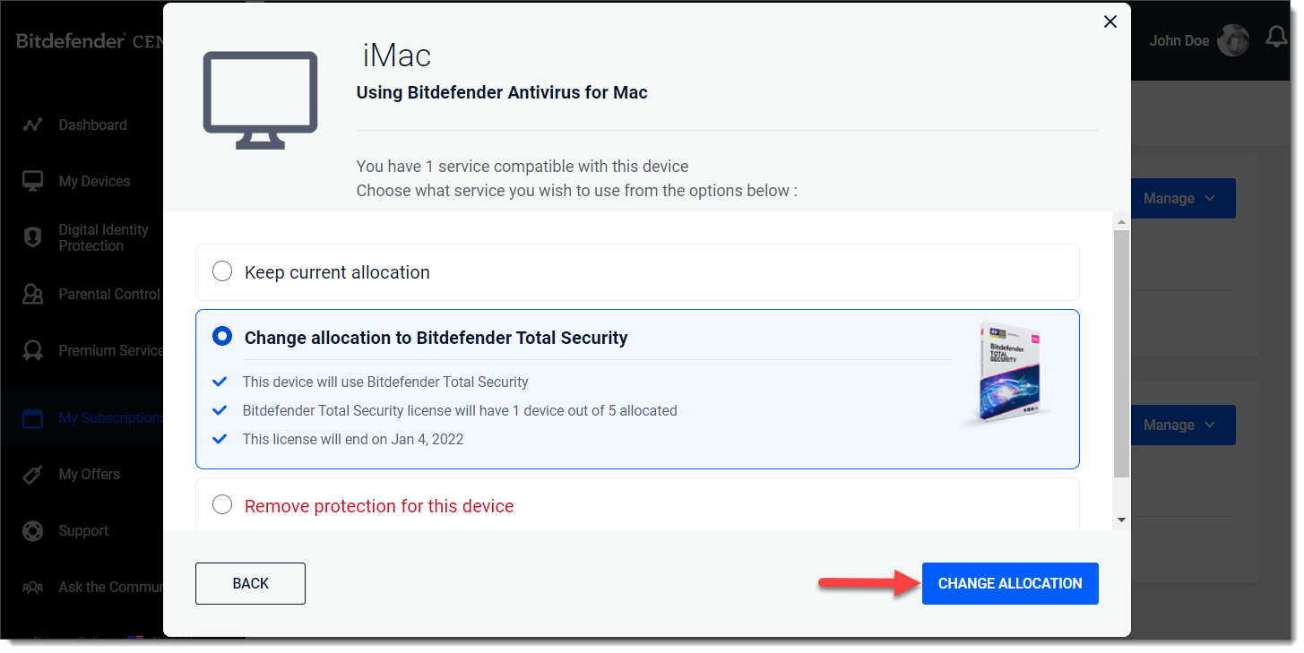 Click CHANGE ALLOCATION to reallocate a device