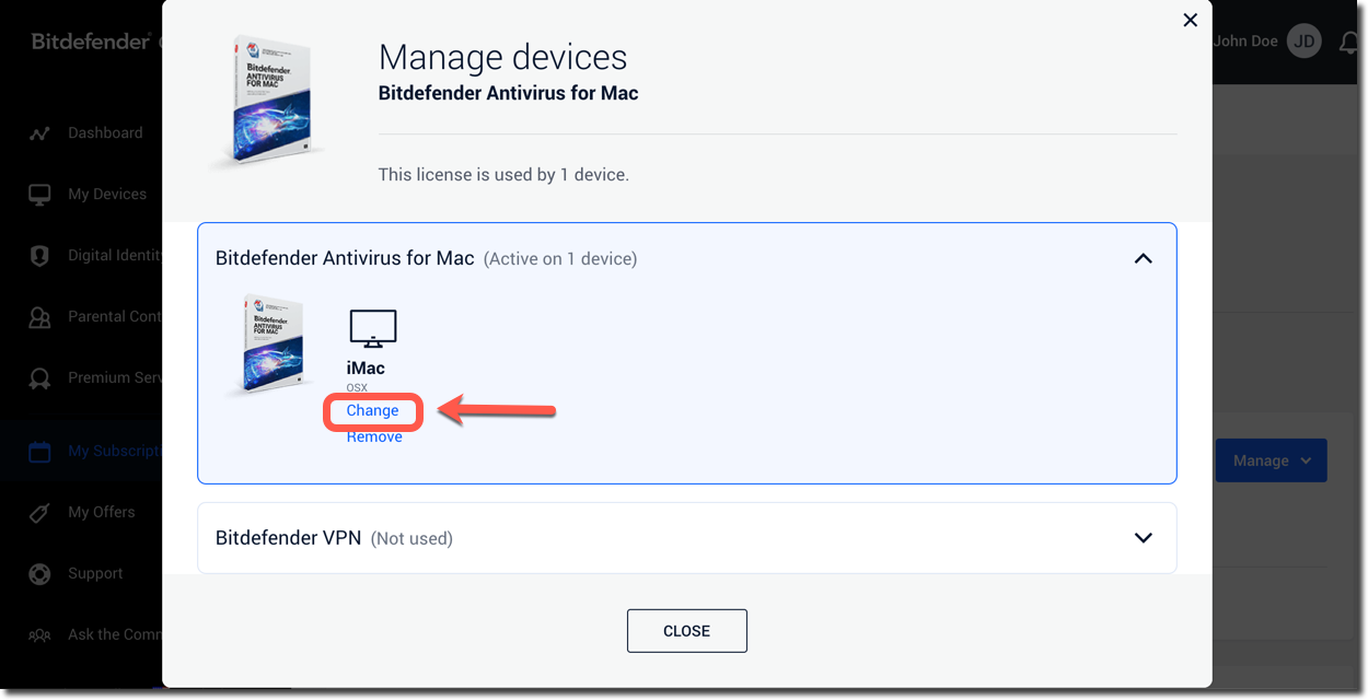 Click Change to reallocate a device to another subscription