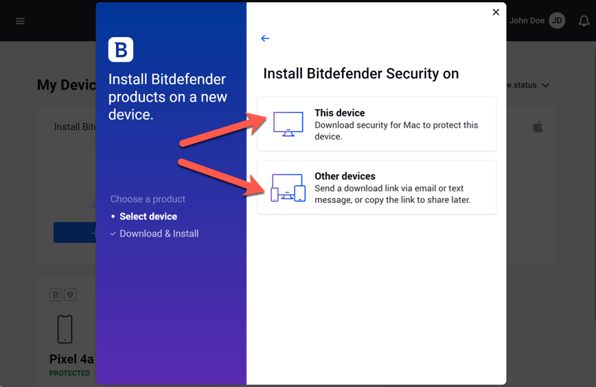 install Bitdefender on another device - 2 options