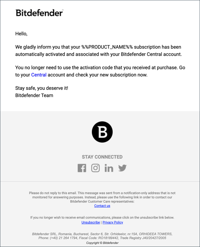 email: Your Bitdefender subscription has been automatically activated