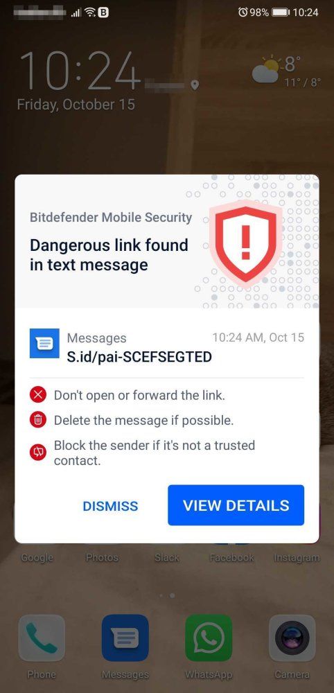 Smishing found by Bitdefender's Scam Alert