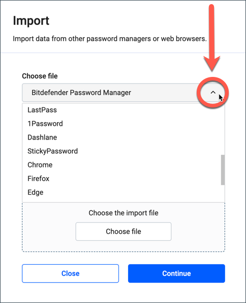 Select the name of the password manager app or browser you want to import passwords from