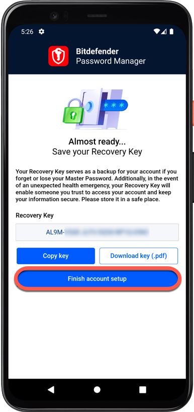 How to install Bitdefender Password Manager on Android - Recovery key