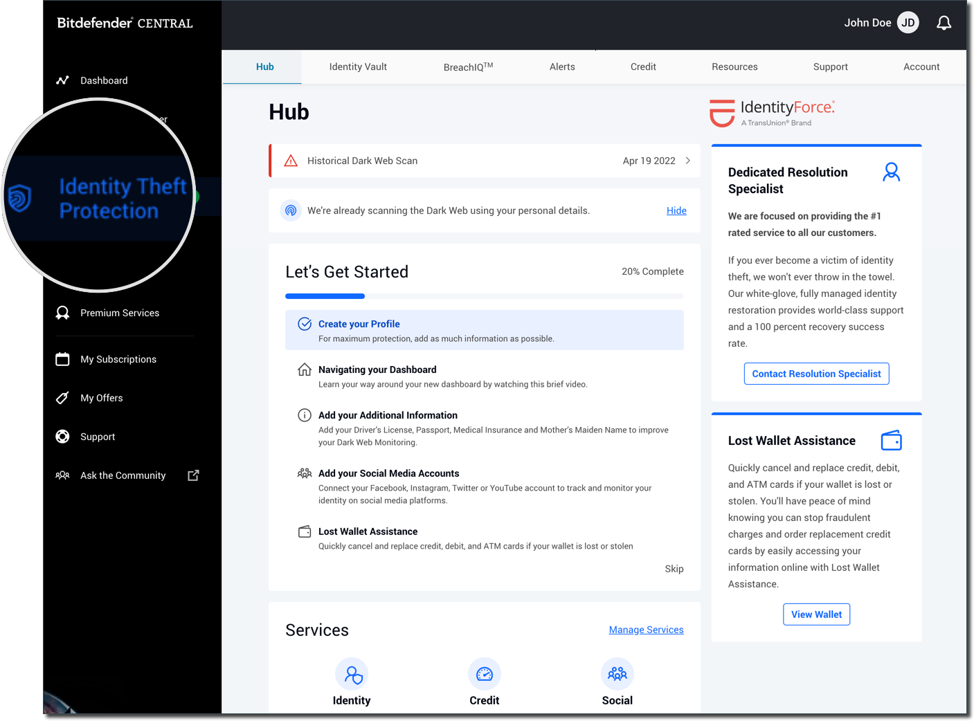 your Bitdefender Identity Theft Protection dashboard