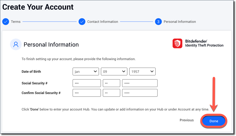 Set up Bitdefender Identity Theft Protection: personal info