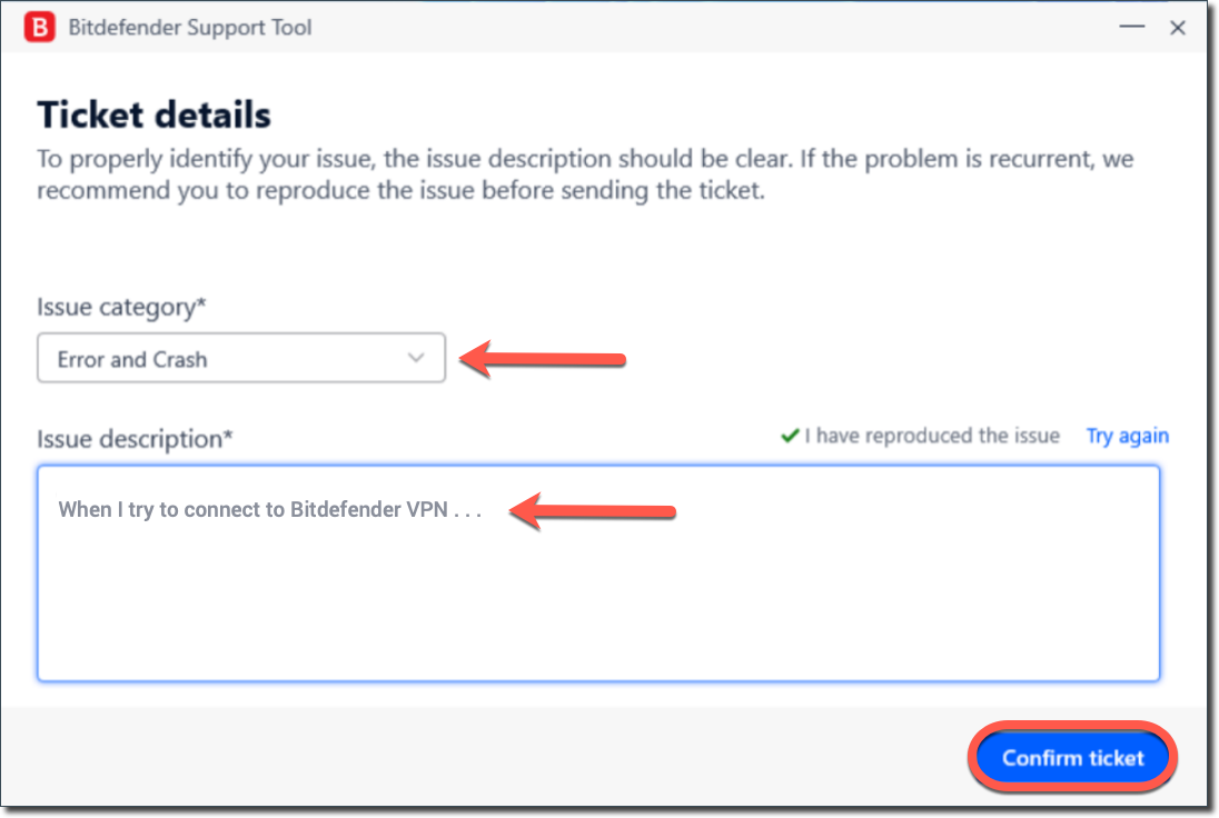 Debug logs for Bitdefender VPN - issue description