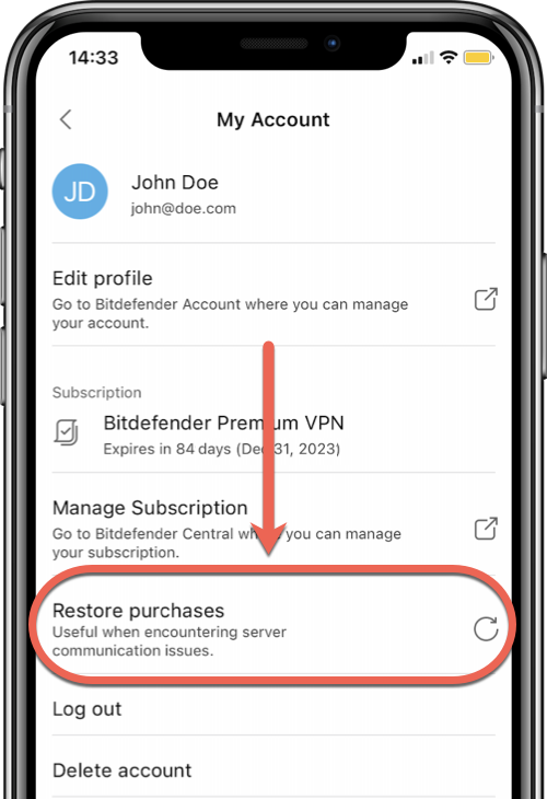 Restore Purchases in Bitdefender VPN