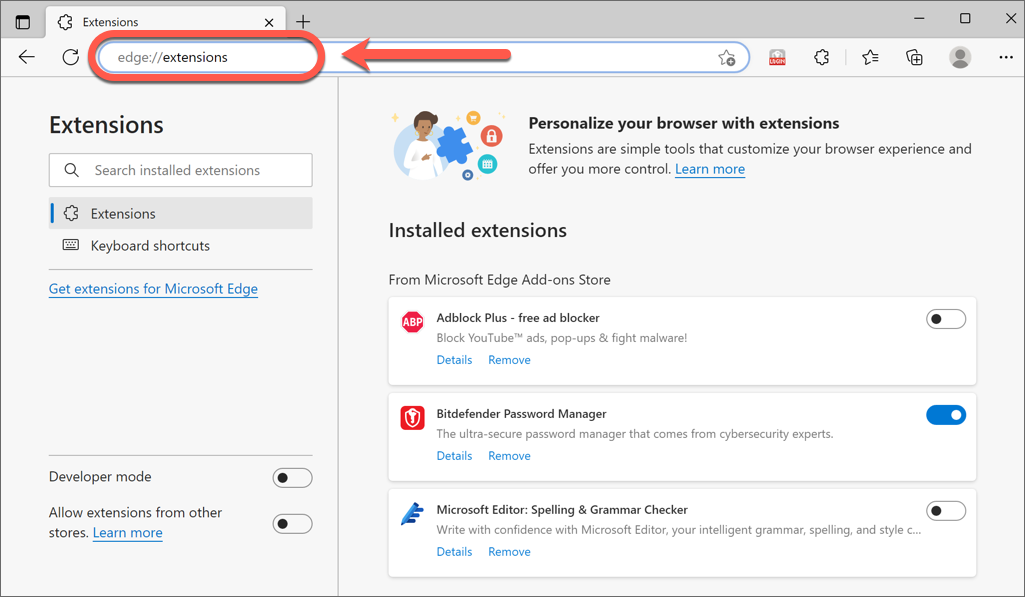 edge://extensions 