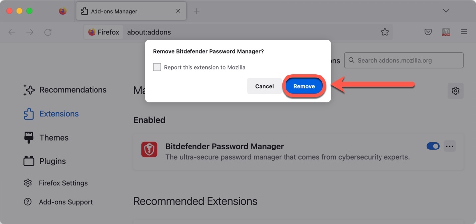 Uninstall Bitdefender Password Manager in Firefox