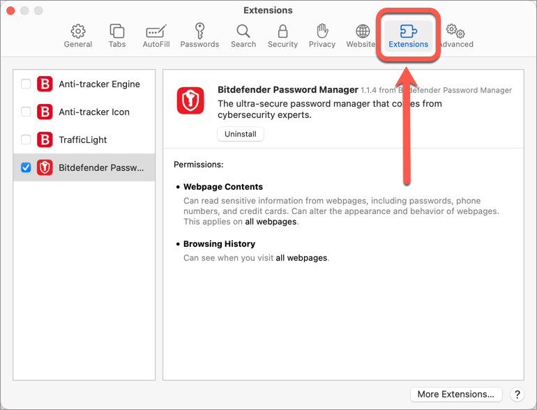 Adding the Password Manager extension to Safari