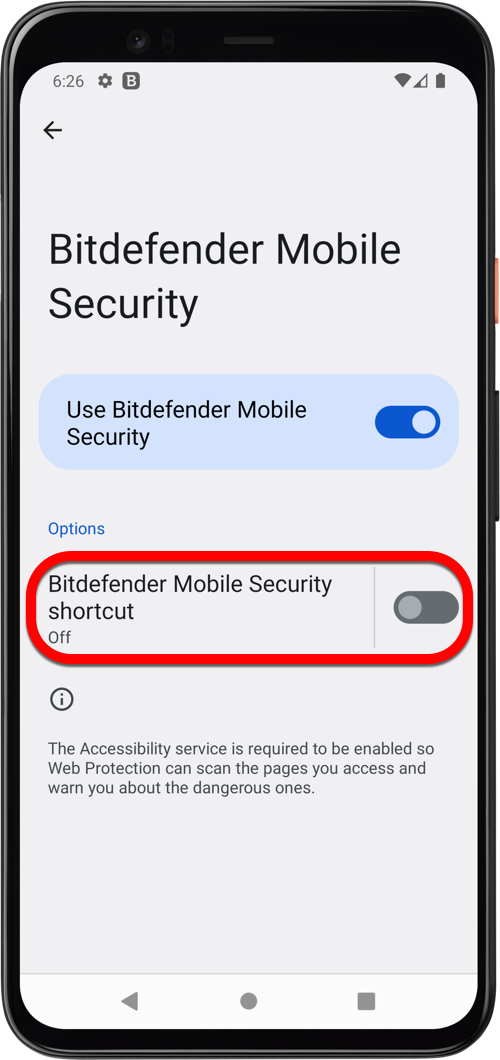 Switch off Bitdefender Mobile Security shortcut to remove the floating red B