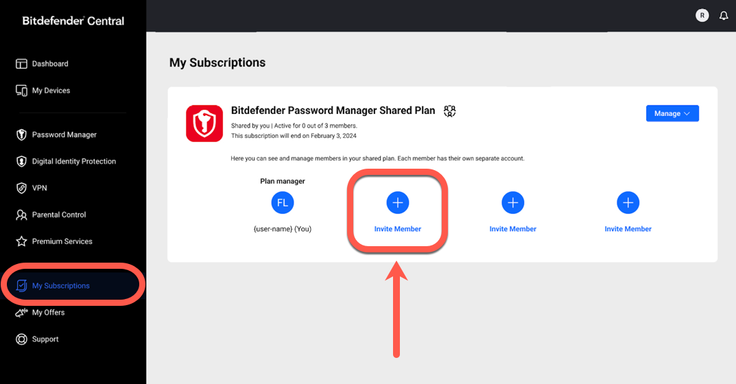 Invite member to Bitdefender Password Manager Shared Plan