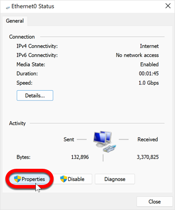 Properties - change DNS on Windows