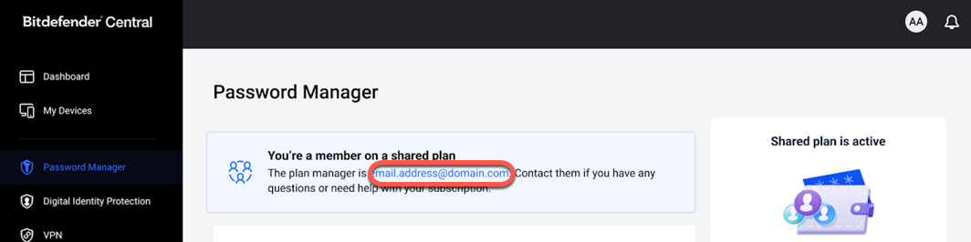Bitdefender Password Manager Shared - plan manager email