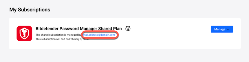 Bitdefender Password Manager Shared - plan manager email