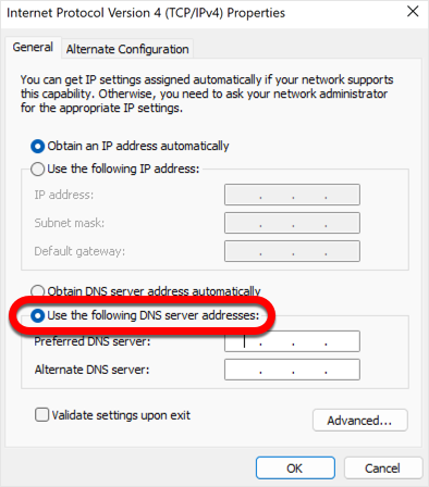 Use the following DNS server addresses