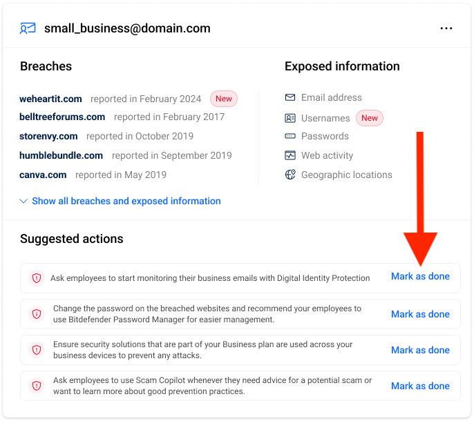 Business Assets Exposure - Suggested actions