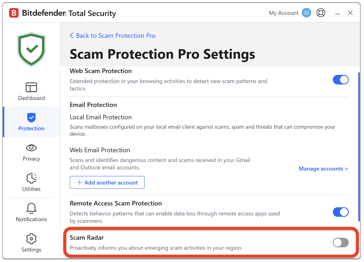 disable Scam Radar to turn off Scam Protection Pro for Windows
