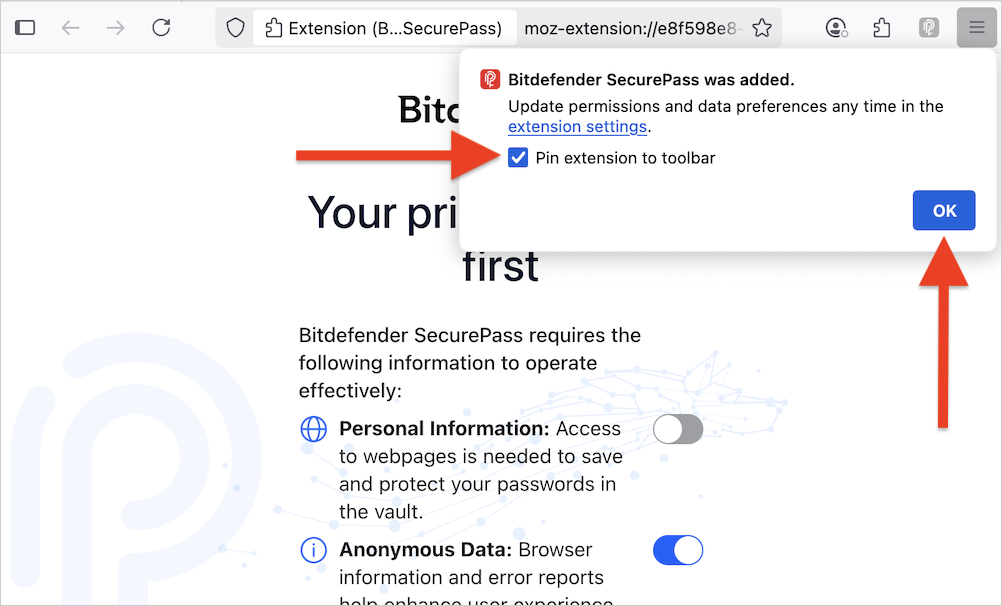 Pin extension to toolbar > OK