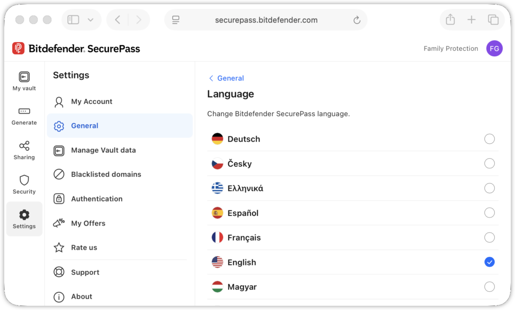 Changing the language in SecurePass - browser and web client