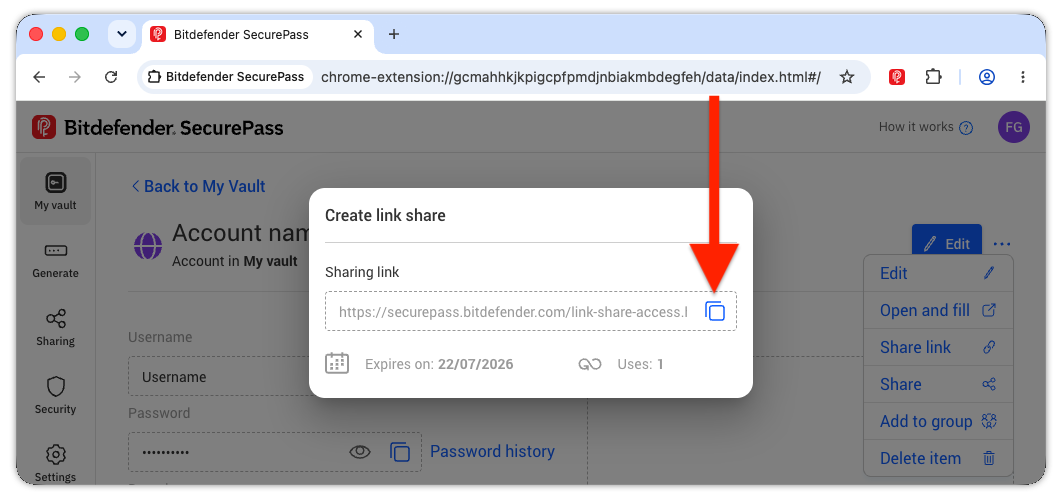 Copy sharing link