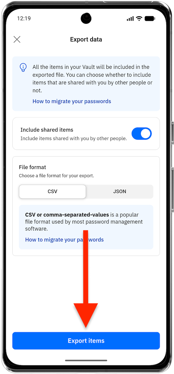 How to export items from SecurePass app