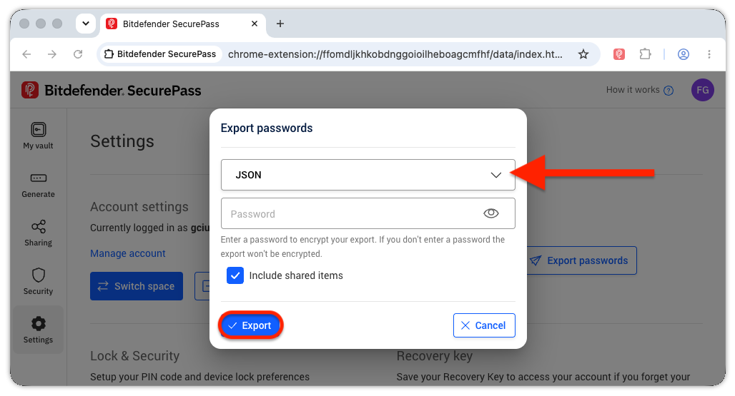 How to export passwords from SecurePass