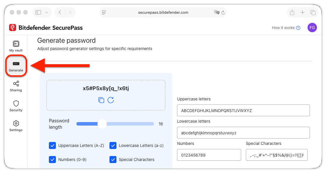Bitdefender SecurePass - Generate password