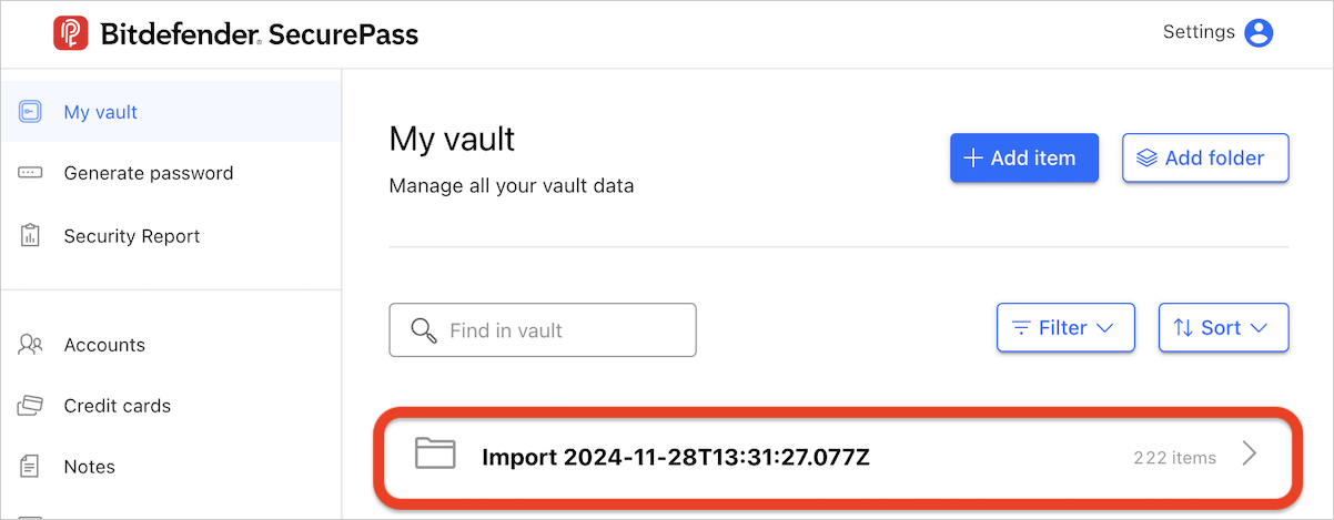 Bitdefender SecurePass vault - Import folder