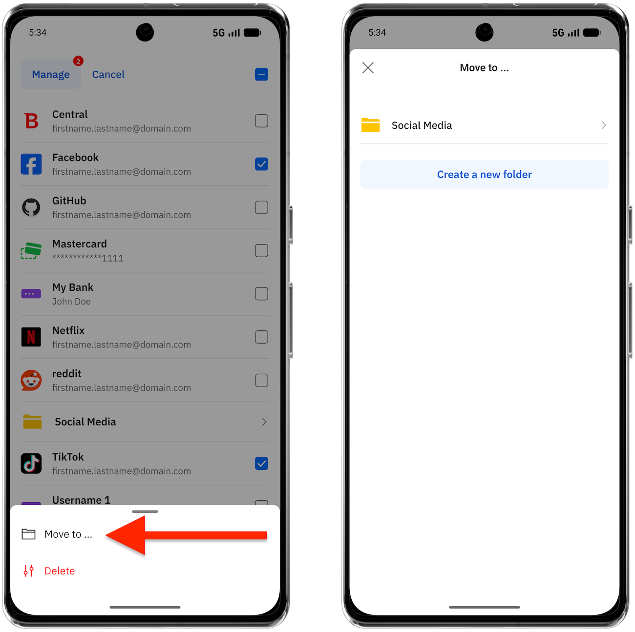 How to move items to SecurePass folders