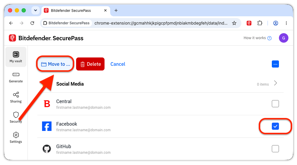 How to move items to SecurePass folders