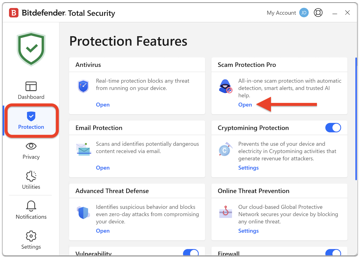 Protection > open Scam Protection Pro