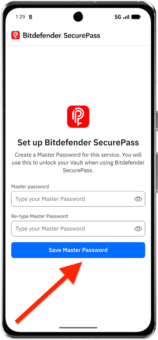 Create a master password after you install SecurePass on Android