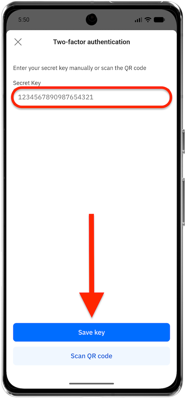 Enter your secret key manually or scan the QR code