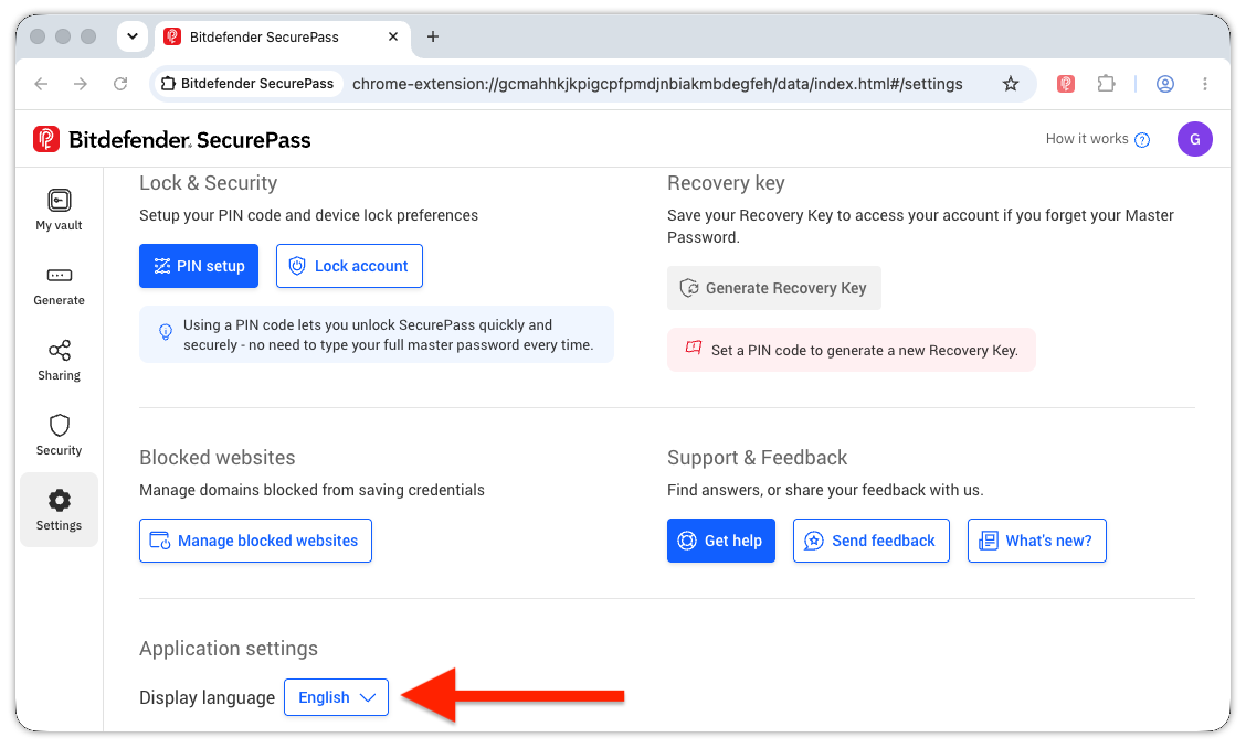Changing the language in SecurePass - browser and web client