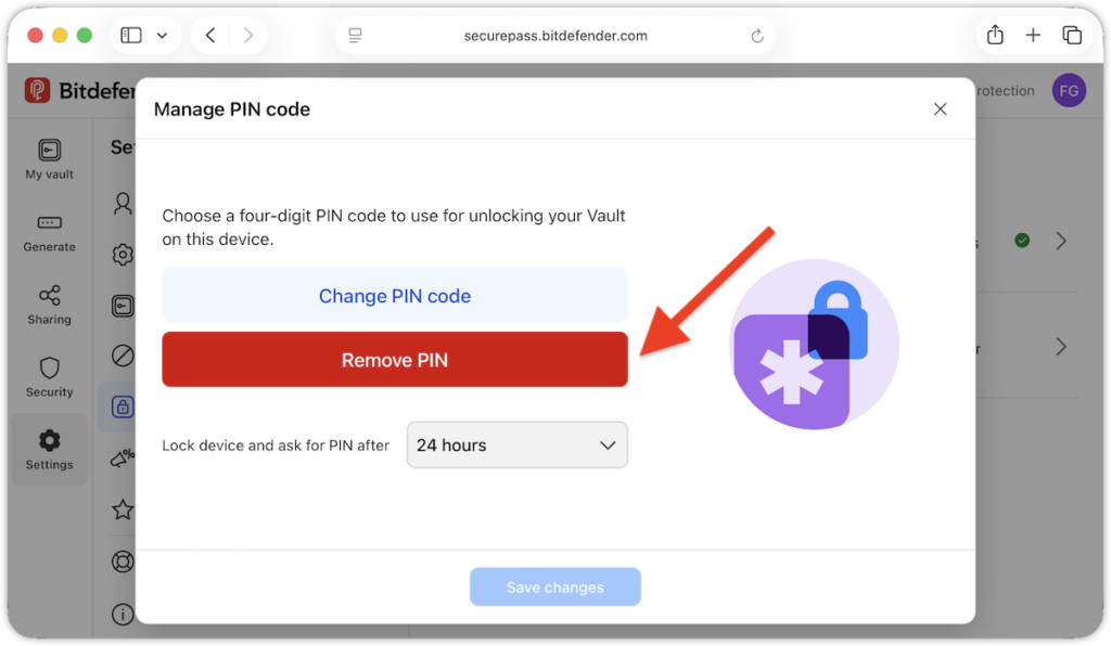 Remove the PIN code set to lock SecurePass