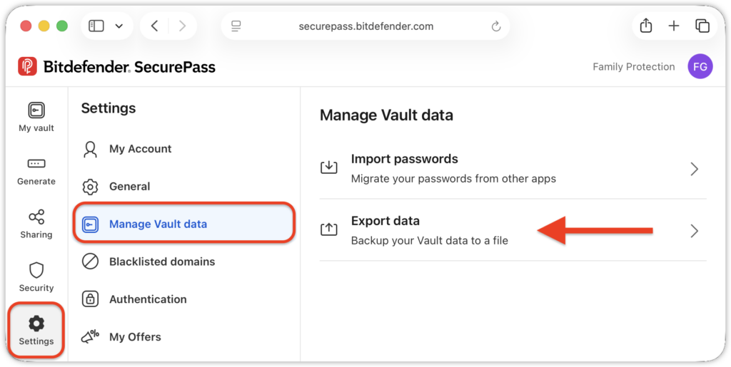 Export data from SecurePass