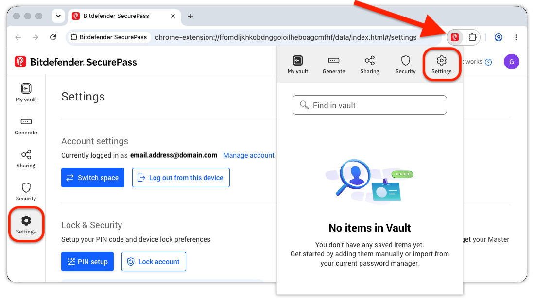 How to export passwords from SecurePass. Step 1 - Settings