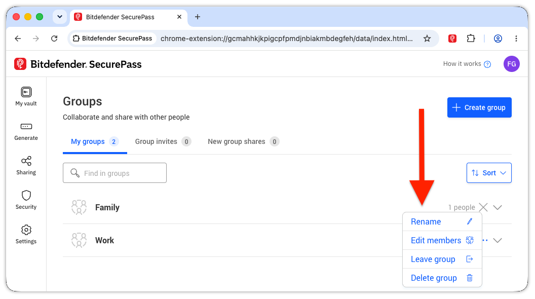 Rename, Edit members, Leave group, Delete group