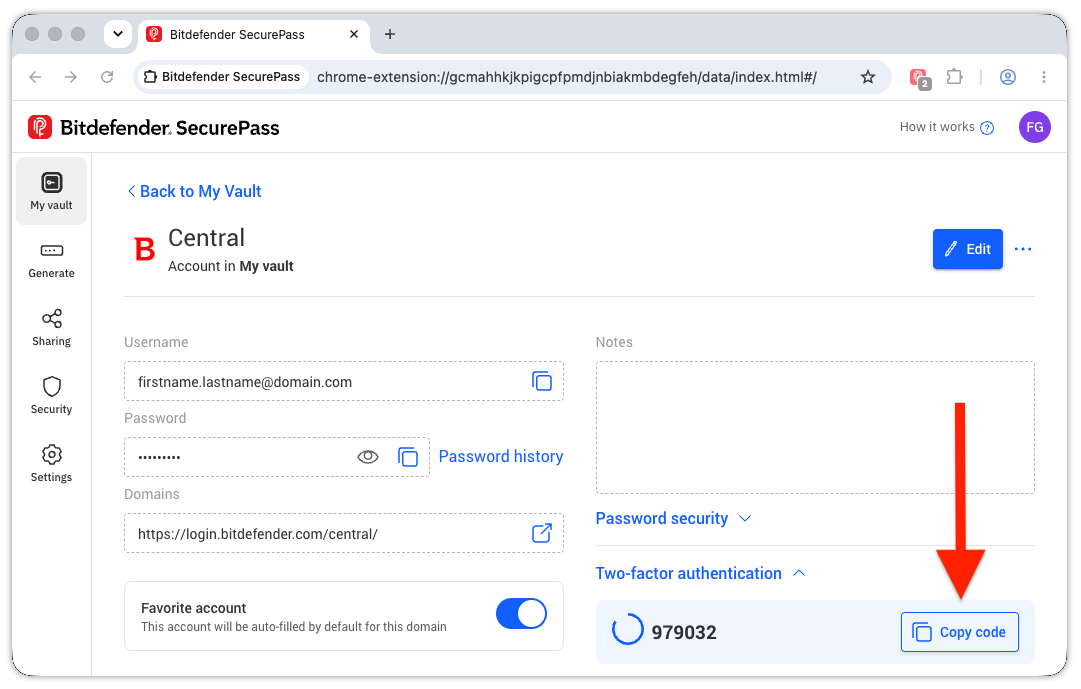 Bitdefender SecurePass 2FA - Copy code