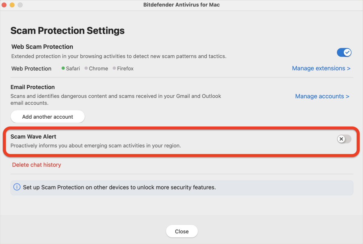 To turn off Scam Protection on macOS, disable Scam wave alert.