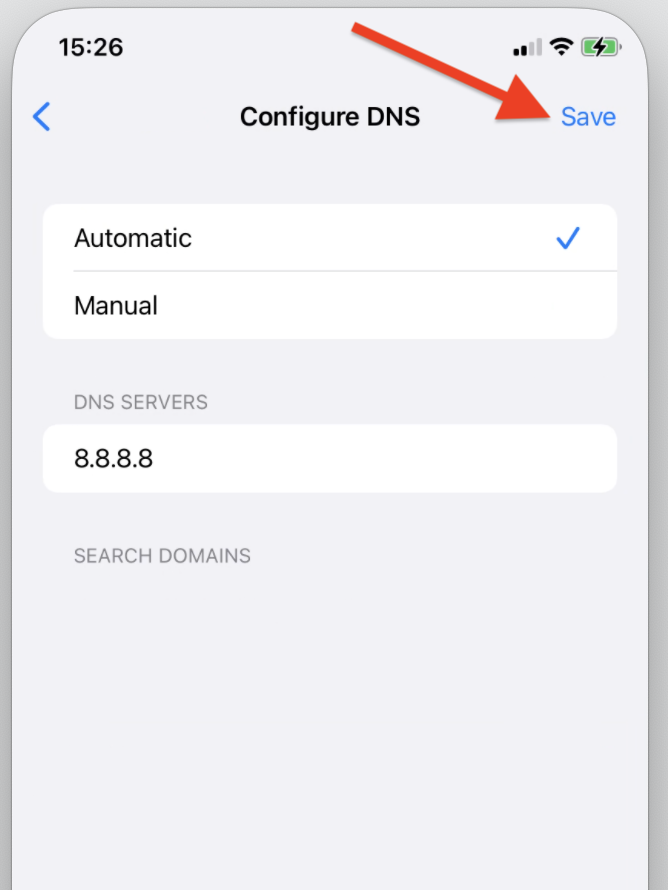 Tap the Save button once you change DNS on iPhone