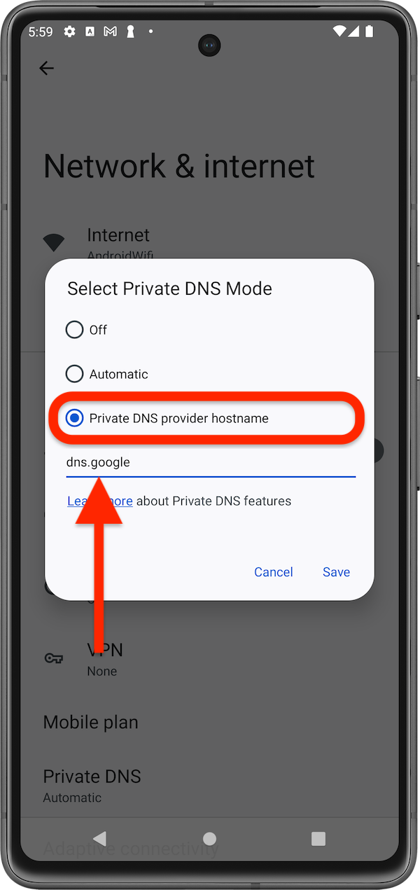 Private DNS provider hostname - How to change DNS on Android 9 and newer